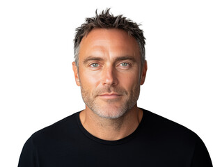 Fototapeta premium Portrait of a smiling man with short hair and blue eyes against a neutral background