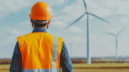 A worker in a safety vest and helmet stands before wind turbines, observing renewable energy production in a vast field under a clear sky.