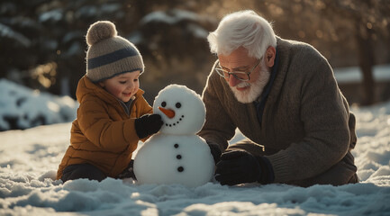 Handsome white-haired grandfather and cute little boy making a snowman on a sunny winter day. 
