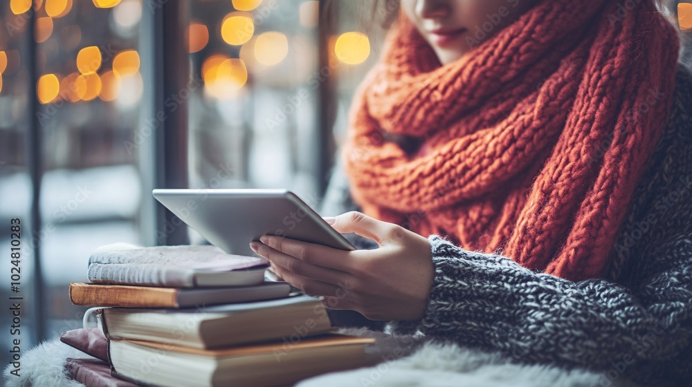 Poster man working remotely with a tablet in a cozy home office setting with personal decor stock photo wit