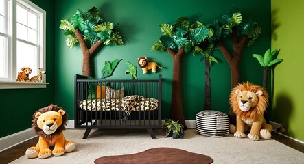 Jungle themed room with green walls stuffed animal trees a crib with safari bedding and a plush lion