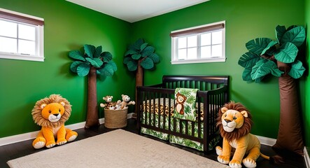Naklejka premium Jungle themed room with green walls stuffed animal trees a crib with safari bedding and a plush lion