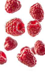 Fresh, vibrant raspberries cascading in mid-air against a clean white background