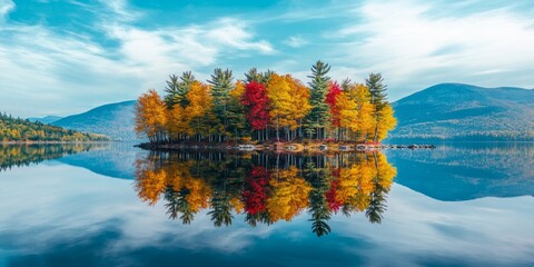Fototapeta premium A tranquil autumn scene with colorful trees reflecting on a calm lake. This image captures the beauty of nature, showcasing vibrant foliage and serene waters. Perfect for posters or websites. AI