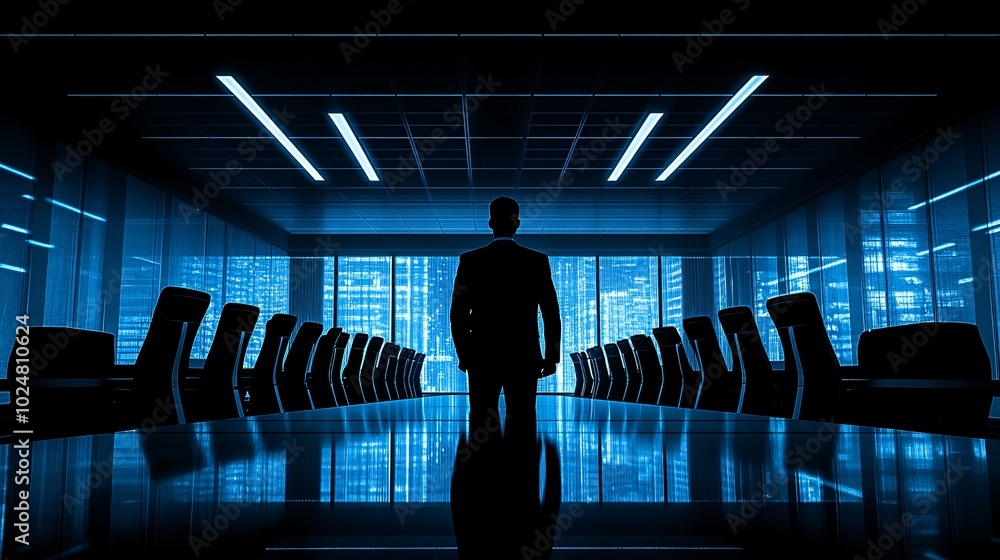 Poster manager presenting project results to a team in a clean, minimal boardroom stock photo with side cop