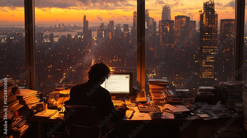 Poster young entrepreneur working from home in a sleek apartment with a view stock photo with side copy spa