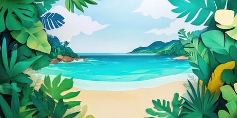 Sandy beach with blue sea, clear sky, and greenery, Tropical beach with turquoise water clear skies and lush vegetation