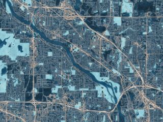 Painterly Style City Map of West Coon Rapids  Minnesota, USA in a Blue Color Scheme.