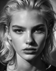 Fototapeta premium black and white photo of a young girl of about twenty, with blond hair and plump lips