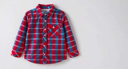 Large red plaid flannel shirt for kid boys with chest pocket on plain white background