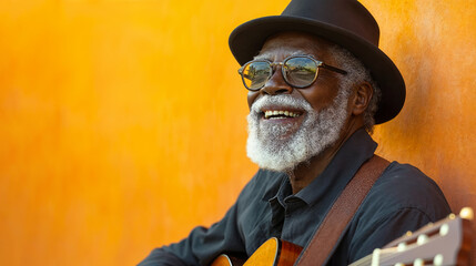 elderly man smiling and playing guitar against orange background, generative ai