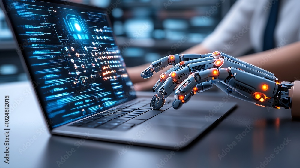 Aufkleber Worker utilizing AI software on a tablet while collaborating with coworkers in a modern office Stock Photo with side copy space