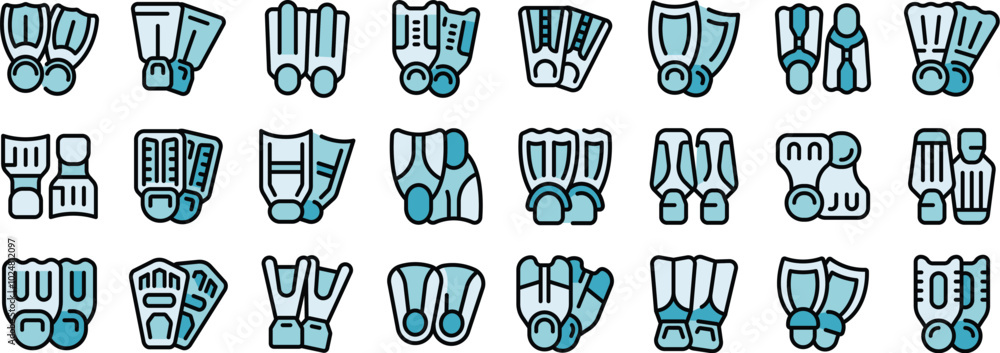 Poster this set of icons shows different types of swimfins used for diving and snorkeling in various styles