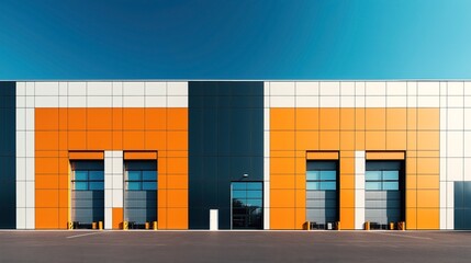 Fototapeta premium Modern industrial building facade with geometric patterns and bright colors, featuring large shutter doors and clear blue sky.