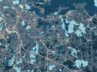 Painterly Style City Map of Weymouth  Massachusetts, USA in a Blue Color Scheme.