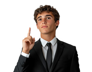 Young man in a black suit gestures confidently while pointing upwards in a neutral setting