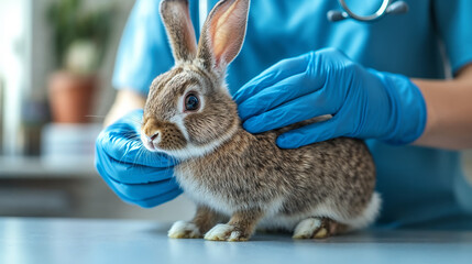 veterinarian examining a rabbit with blue gloves, generative ai