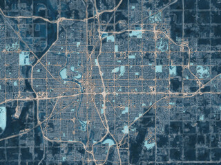 Painterly Style City Map of Wichita Kansas, USA in a Blue Color Scheme.