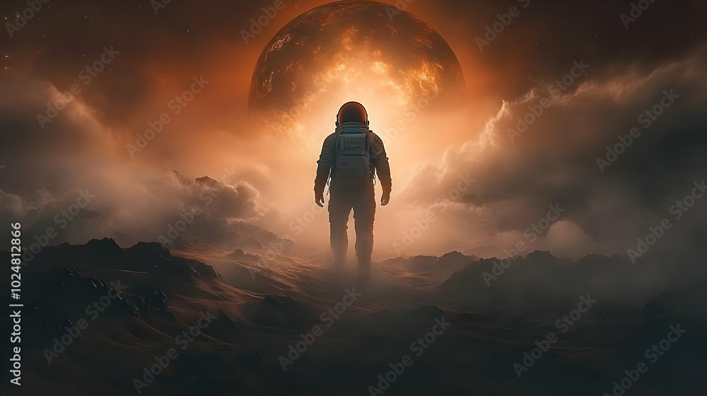 Poster astronaut exploring a surreal landscape with a glowing celestial body.
