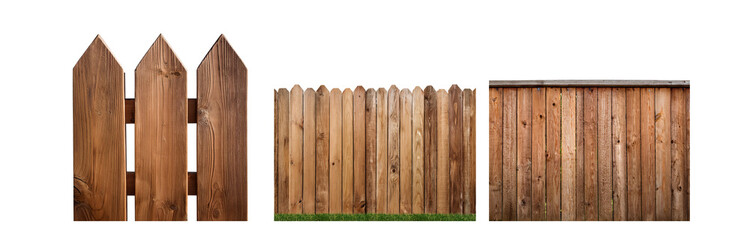 A wooden fence with pointed tops on white background.