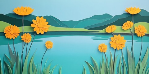 Fototapeta premium Vibrant yellow blooms against a serene lake backdrop, Bright yellow flowers beside a calm lake