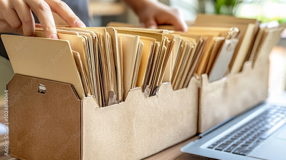 Poster Workers organizing files and documents while inputting data into a laptop at a clean and organized desk Stock Photo with side copy space