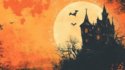 Haunted Castle Under a Full Orange Moon on Halloween Night