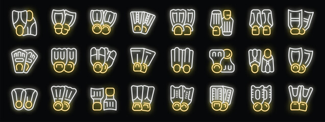 Bright neon icons of various shapes and constructions of diving flippers glowing on black background © ylivdesign