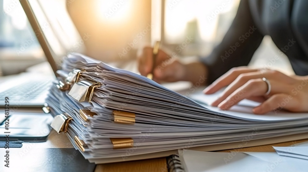 Poster person filing paperwork into a cabinet while managing digital documents on a laptop stock photo with