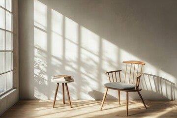 Minimalist interior with chair and books in sunlight
