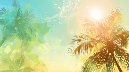 A watercolor illustration of palm trees with a bright sun.