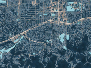 Painterly Style City Map of Woodland Hills  California, USA in a Blue Color Scheme.