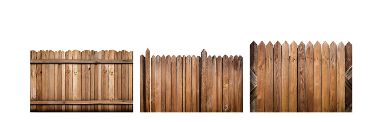 A rustic wooden fence made of weathered boards.  The boards are vertical and have a natural brown color.  Some have knots and grain patterns visible.