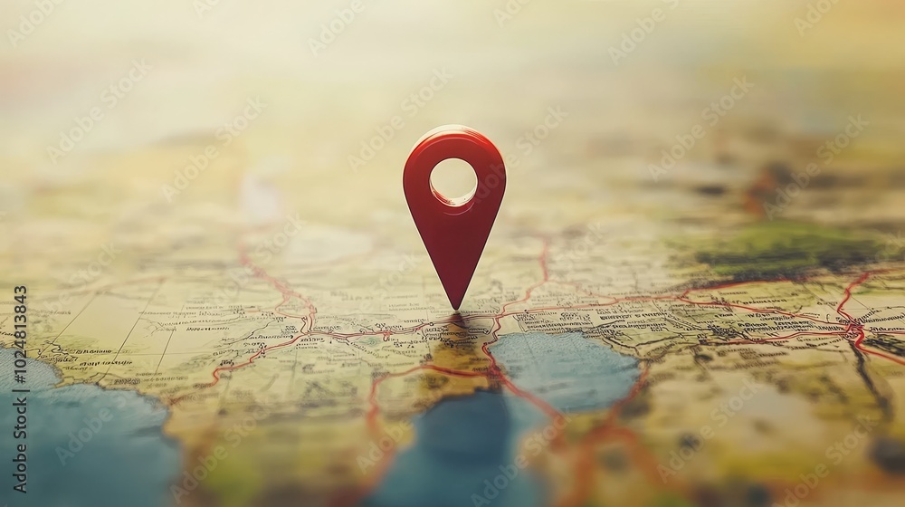 Poster red location pin pointing on destination point on a map, travel and navigation concept.