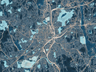 Painterly Style City Map of Worcester Massachusetts, USA in a Blue Color Scheme.