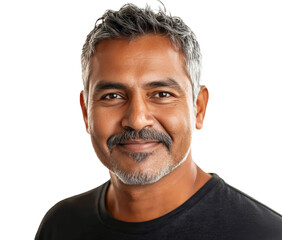 Obraz premium Smiling man with dark hair and beard in casual black shirt against a light backdrop