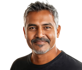 Smiling man with dark hair and beard in casual black shirt against a light backdrop