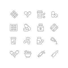 Medicine icon set. Simple outline style. Health, medical, pharmacy, drug, tablet, antibiotic, pill, capsule, healthcare concept. Thin line symbol. Vector illustration isolated. Editable stroke.