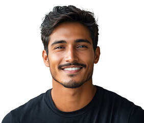 Obraz premium Young man smiling warmly with short wavy hair against a neutral background indoors