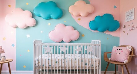 Sweet room with pastel colored clouds painted on the walls a crib with star themed bedding and a plush pillow