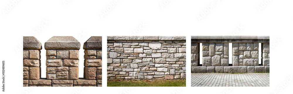 Poster a stone wall with a gap and a paved area in the foreground.