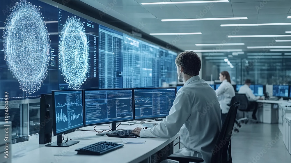 Poster Employees working on data management systems while organizing files in a bright office Stock Photo with side copy space