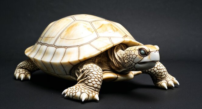 Turtle marble statue closeup on plain black background