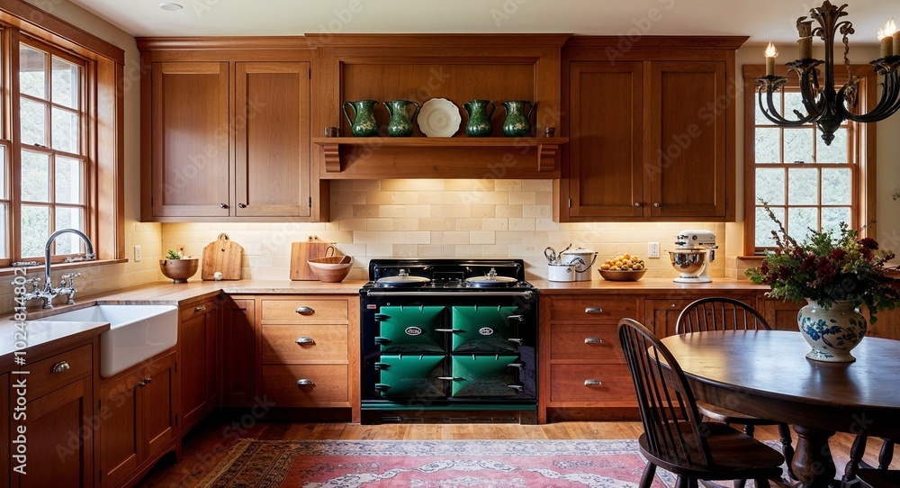 Wall mural Warm kitchen with wooden cabinets a classic stove and a cozy dining area