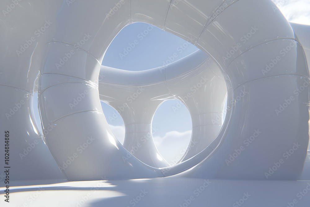 Poster abstract white futuristic architecture with a sky view through a window.