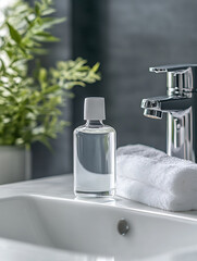 A clear glass bottle of mouthwash sits on a white bathroom sink counter with a white towel and a chrome faucet behind it.