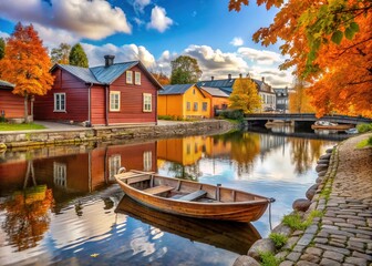 Obraz premium Captivating Autumn in Porvoo: Wooden Boat in Historic Old Town, Finland