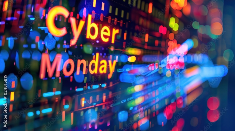 Poster cyber monday digital sales display with colorful bokeh background