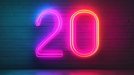Neon Number 20, Vibrant Pink and Orange Neon Light Glowing on a Brick Wall Background