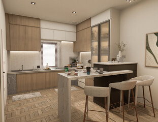 3D Rendering Modern kitchen design with natural stone granite. Stone top and island with detail of interior faucet and home appliances.
